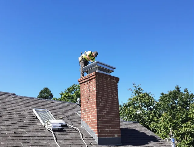 Lakewood Chimney Sweep technician measuring a chimney cap in Lakewood, OH