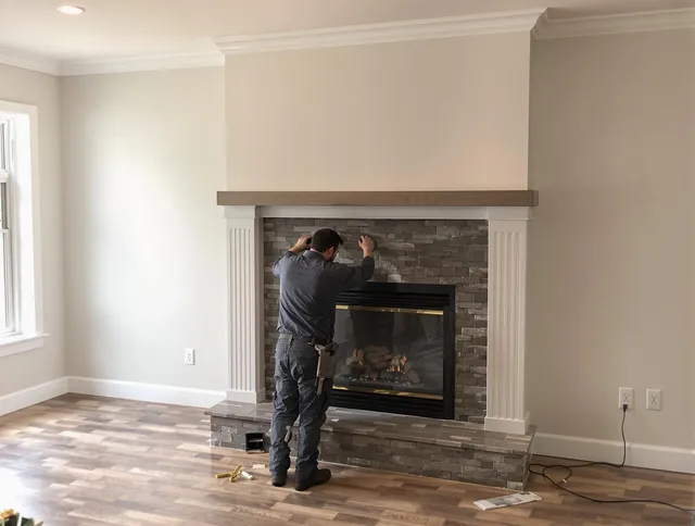 Lakewood Chimney Sweep finishing a custom fireplace install in Lakewood, OH